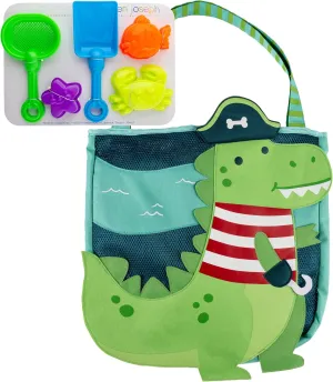 Baby Beach Toys$ Travel Friendly Beach Set$ 6 Piece Beach Play Set$ Beach Bag with ferment Sand Toys for Toddlers and Kids$ Dino Pirate Large Stephen Joseph$ Beach Tote with Sand Toys - Toddler and 