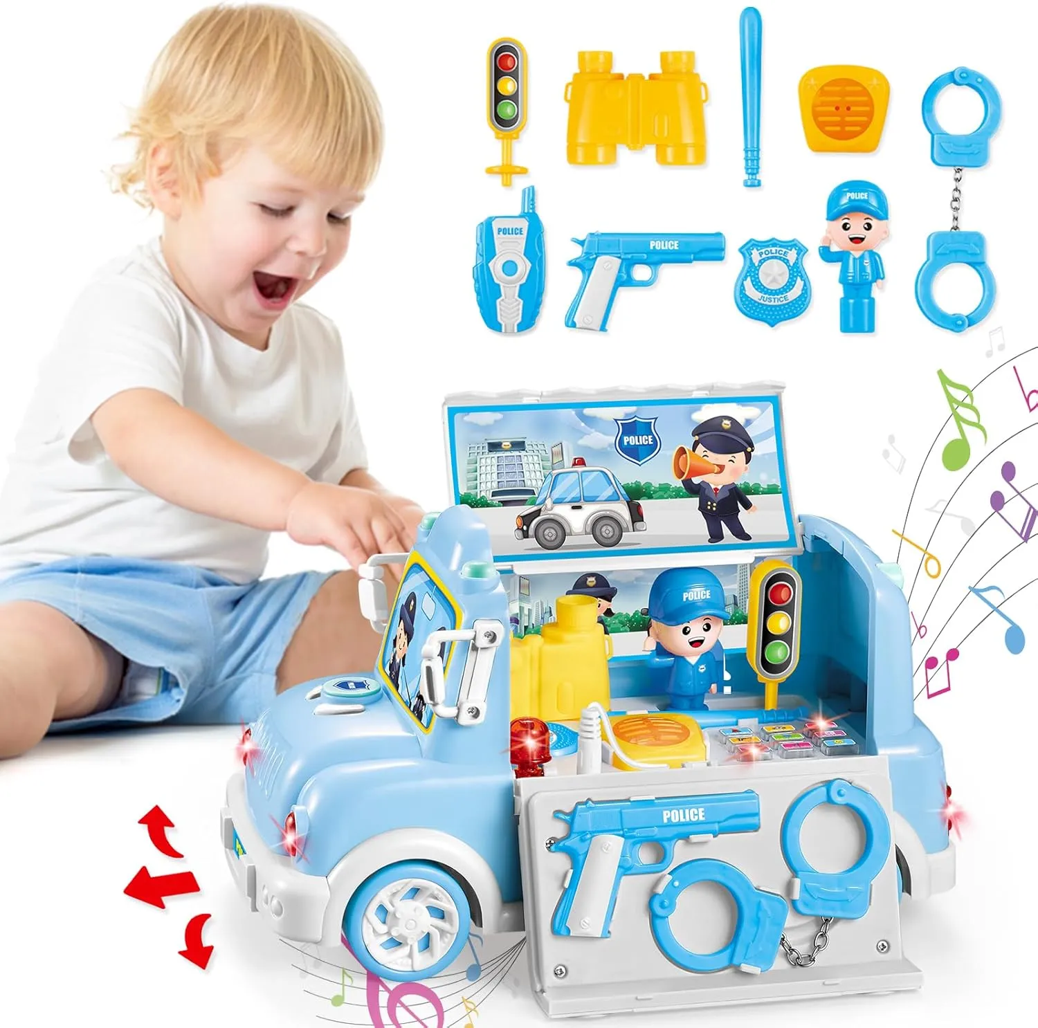 Baby Kids Birthday Gifts Police Car Toys with Sound and Light for Ages 3 vowel catechism junction Up Boys Girls Interactive Toy 9-in-1 Multi-Functional Figures and Playset Early Educational Learning Musical Toys for 