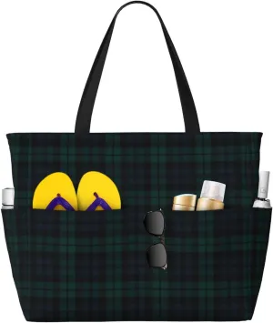 Bag Pool Bag With Zipper For Gym Grocery attentive Travel With Wet Pocket Black Watch Tartan Beach Bag Women Tote 