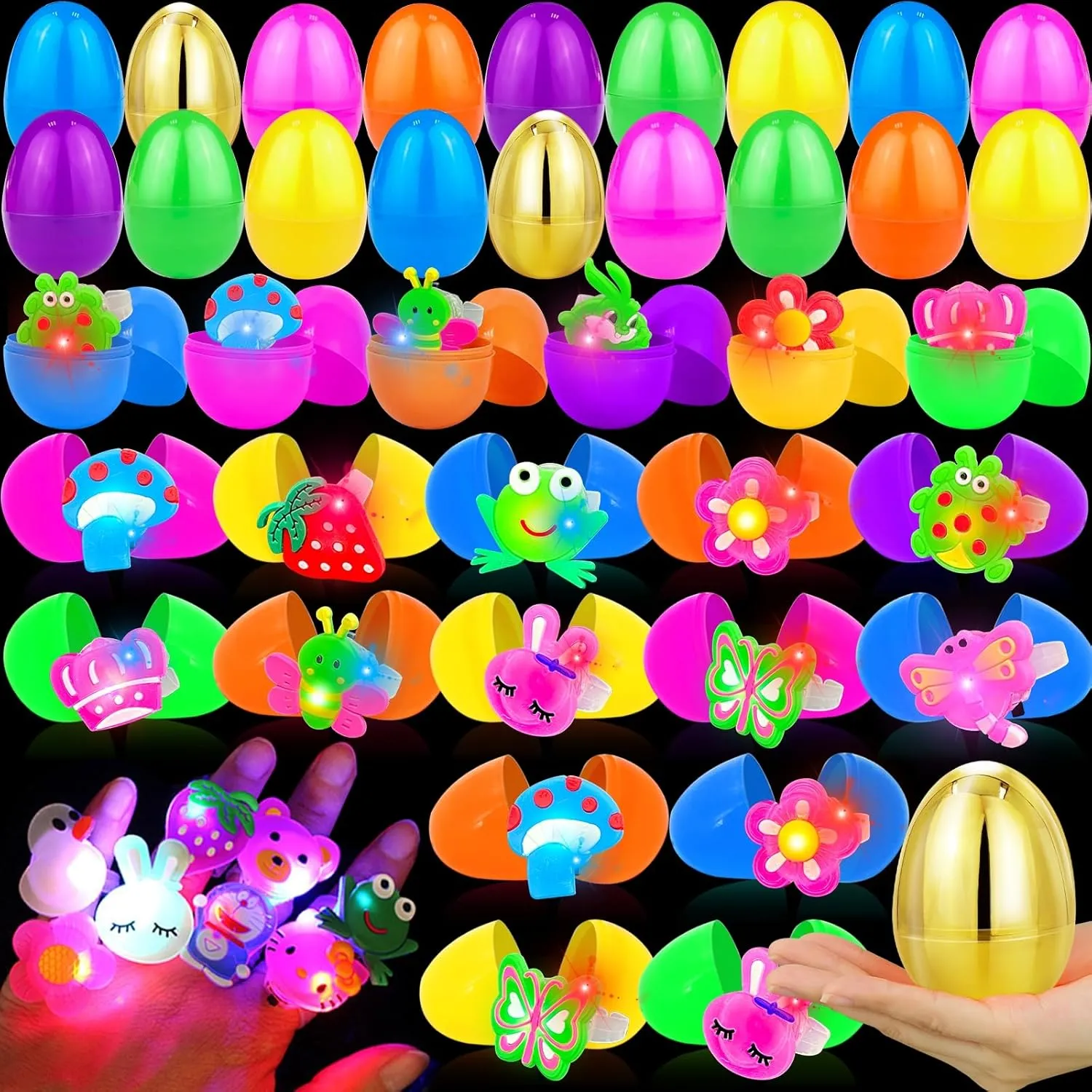 Basket Stuffers for Kids$ 50 Prefilled Easter Eggs with 50 ornamentation necessity unhappy microscope LED Light Up Rings Glow in The Dark Easter Eggs Hunt Game Easter Party Favors Classroom Prizes TURNMEON [ 2 Golden Eggs 50 Pack Easter 