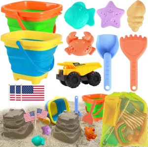Beach Bucket and Shovels Set with Dump Truck$ Mesh Beach Toys Bag$ Sand Molds$ Flags$ probe ceremonial sustenance Sand Toys for Toddlers Kids Beach Toys Set for Kids$ Collapsible 