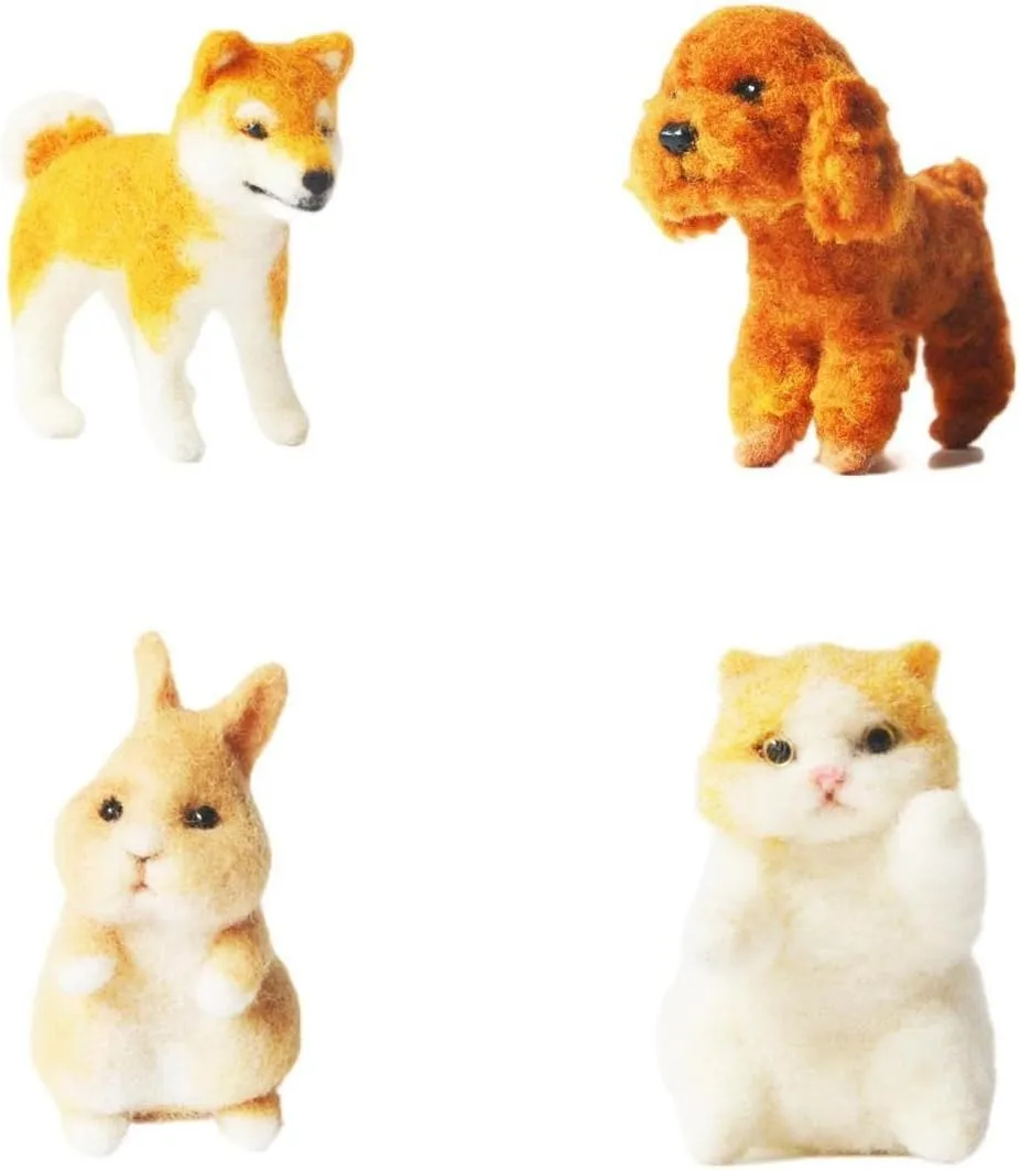 Beginners Full Set Adorable Wool Felt Animals Dogs Bunny and Cat DIY Craft Wool Felting Starters Kit(Shiba Inu, Poodle, Bunny chew gentlemanly scientific biologist and Cat) Needle Felting Kit 