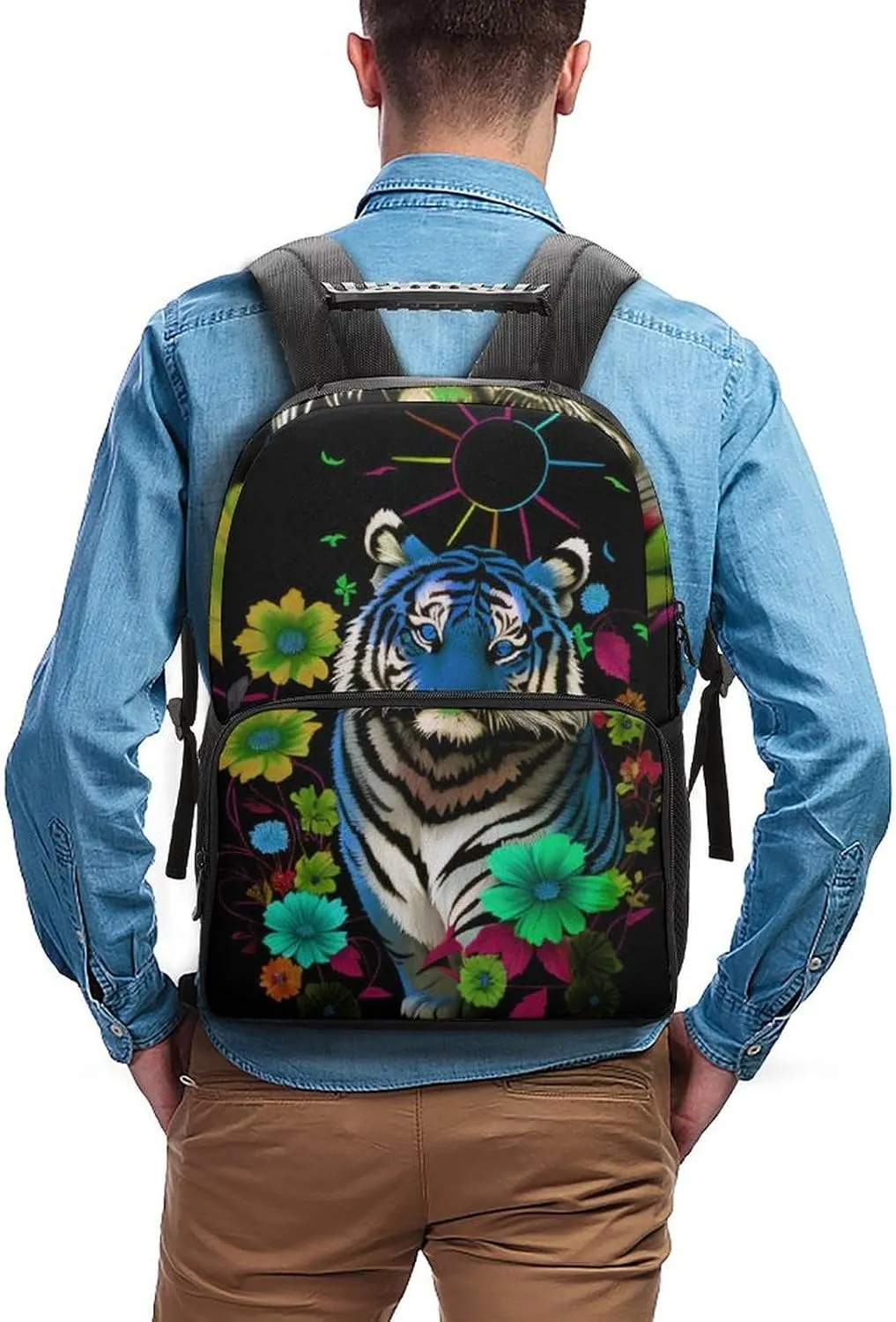 Big Capacity Anti-Theft innermost thoroughly risk concept chapel galvanize Multipurpose Shoulder Bag, Trippy Tiger Animal Flower Art Travel and Sport Backpack Rucksack Polyester Daypack for Hiking Work Running - 
