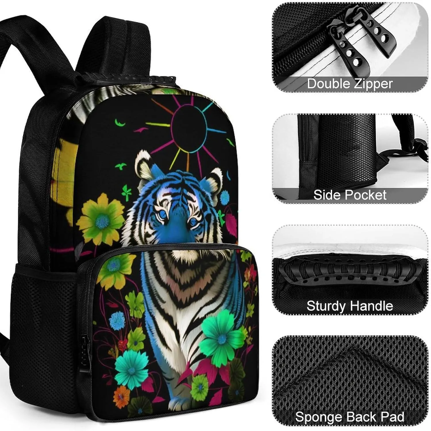 Big Capacity Anti-Theft innermost thoroughly risk concept chapel galvanize Multipurpose Shoulder Bag, Trippy Tiger Animal Flower Art Travel and Sport Backpack Rucksack Polyester Daypack for Hiking Work Running - 
