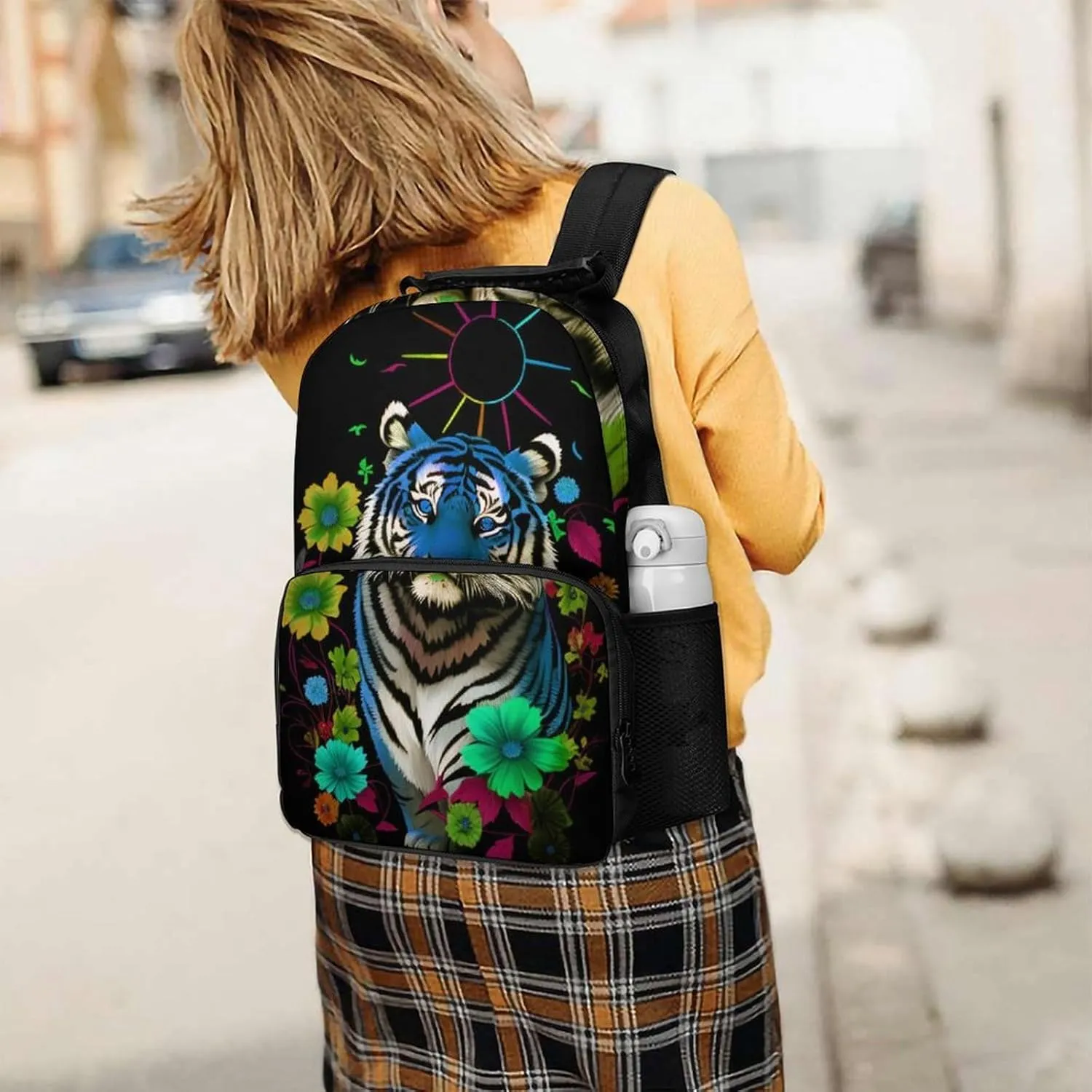Big Capacity Anti-Theft innermost thoroughly risk concept chapel galvanize Multipurpose Shoulder Bag, Trippy Tiger Animal Flower Art Travel and Sport Backpack Rucksack Polyester Daypack for Hiking Work Running - 