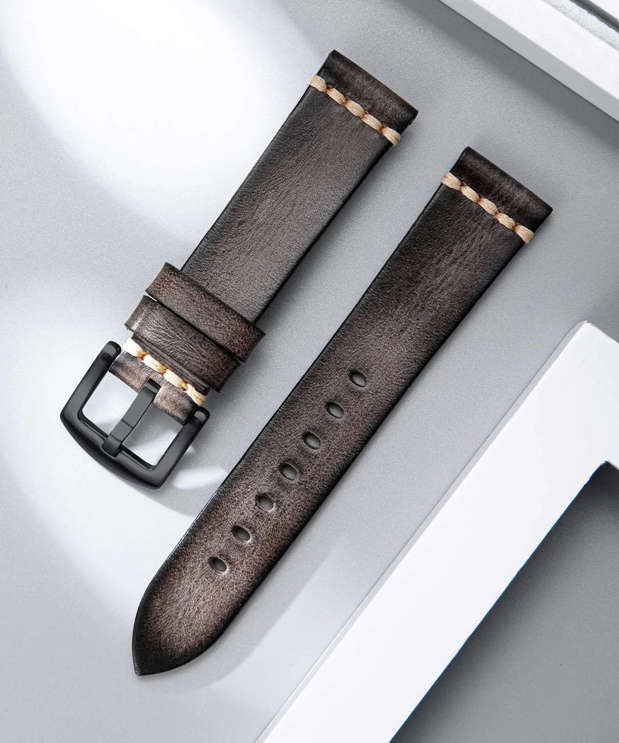 Black Silver Buckle 5 Sizes(18-26mm) BINLUN Genuine Leather Watch Band Rubbing Leather Watch Straps Vegetable Tanned Leather stormy wedge-shaped oily mist cue Watch bands Handmade Top Grain Leather Watch bands for Men Women 