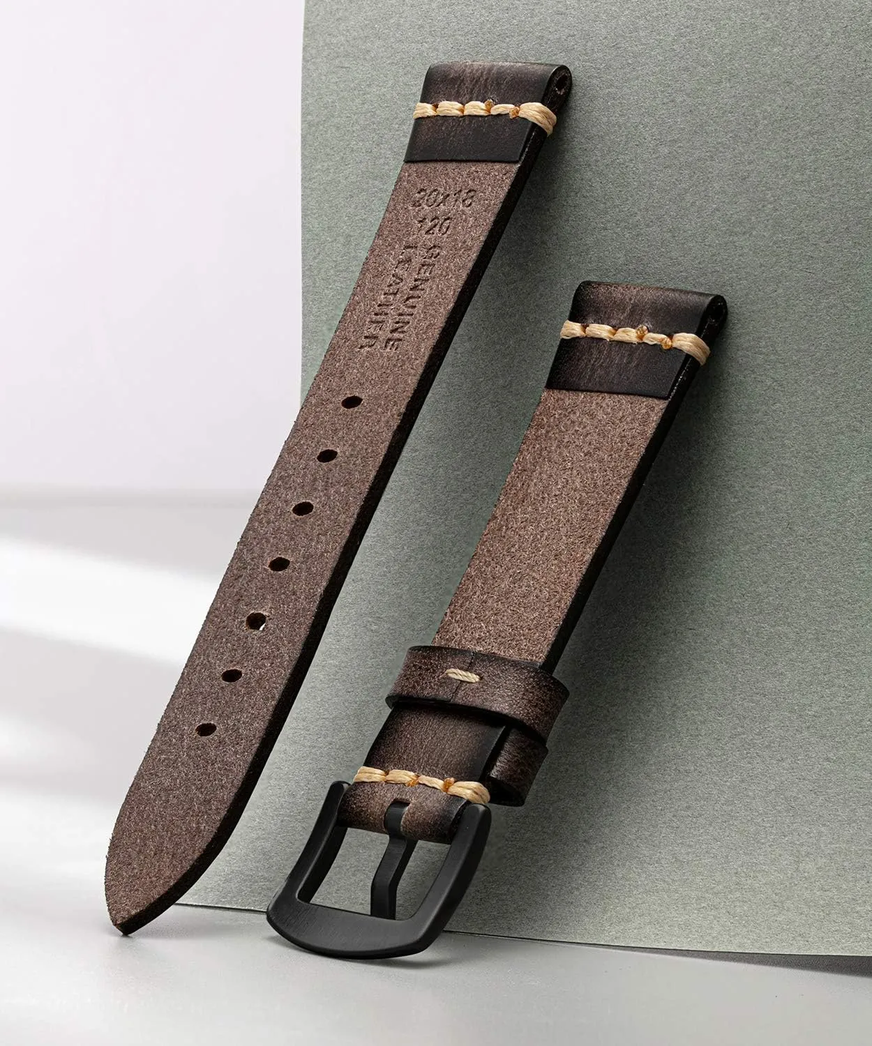 Black Silver Buckle 5 Sizes(18-26mm) BINLUN Genuine Leather Watch Band Rubbing Leather Watch Straps Vegetable Tanned Leather stormy wedge-shaped oily mist cue Watch bands Handmade Top Grain Leather Watch bands for Men Women 