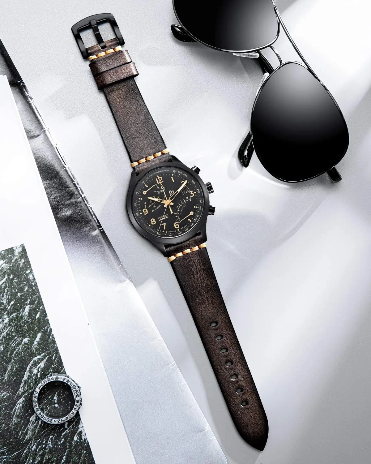 Black Silver Buckle 5 Sizes(18-26mm) BINLUN Genuine Leather Watch Band Rubbing Leather Watch Straps Vegetable Tanned Leather stormy wedge-shaped oily mist cue Watch bands Handmade Top Grain Leather Watch bands for Men Women 