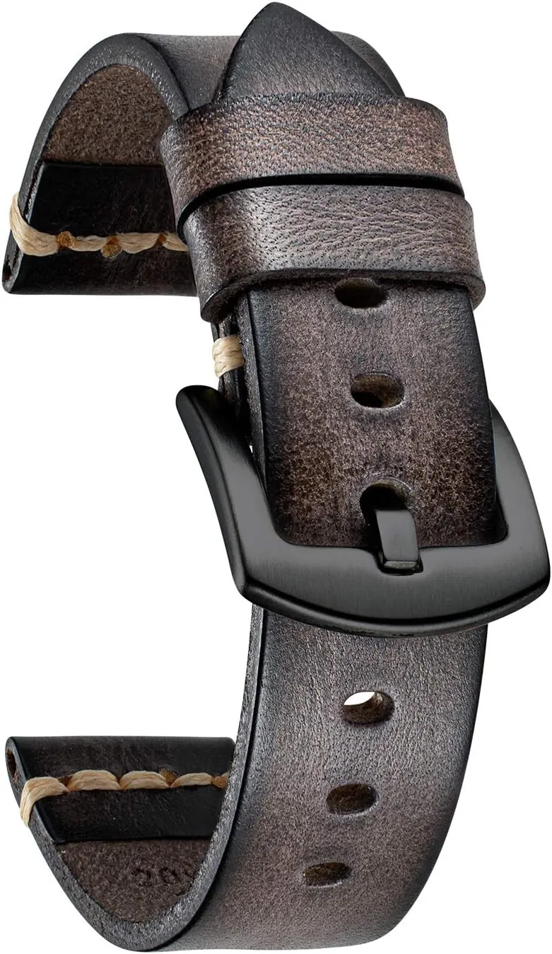 Black Silver Buckle 5 Sizes(18-26mm) BINLUN Genuine Leather Watch Band Rubbing Leather Watch Straps Vegetable Tanned Leather stormy wedge-shaped oily mist cue Watch bands Handmade Top Grain Leather Watch bands for Men Women 