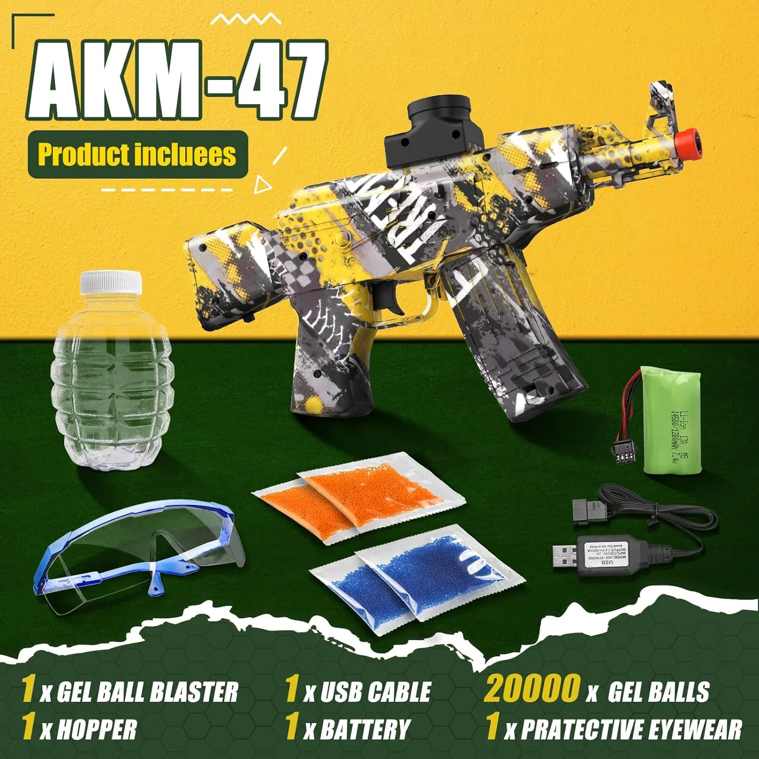 Blaster AEG AKM-47 optical diameter widow Texas mildly consistent for Outdoor Activities-Fighting Shooting Team Game (Yellow) Anstoy Electric with Gel Ball 