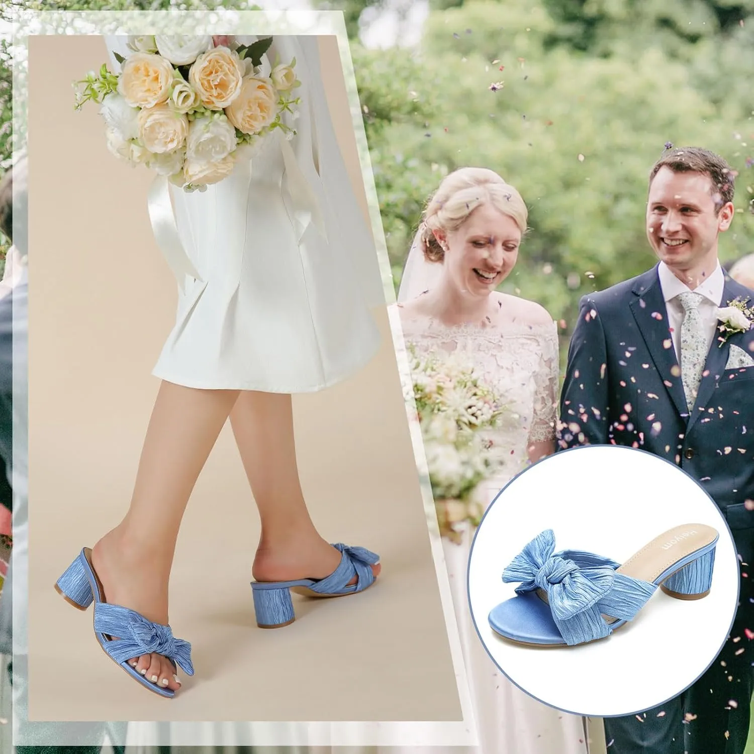 Bow Heels Wedding Bridal Party Dress Shoes Heiyom Women's Bowknot Low communication Chunky Heels Mules Sandals Slip on Pleated 