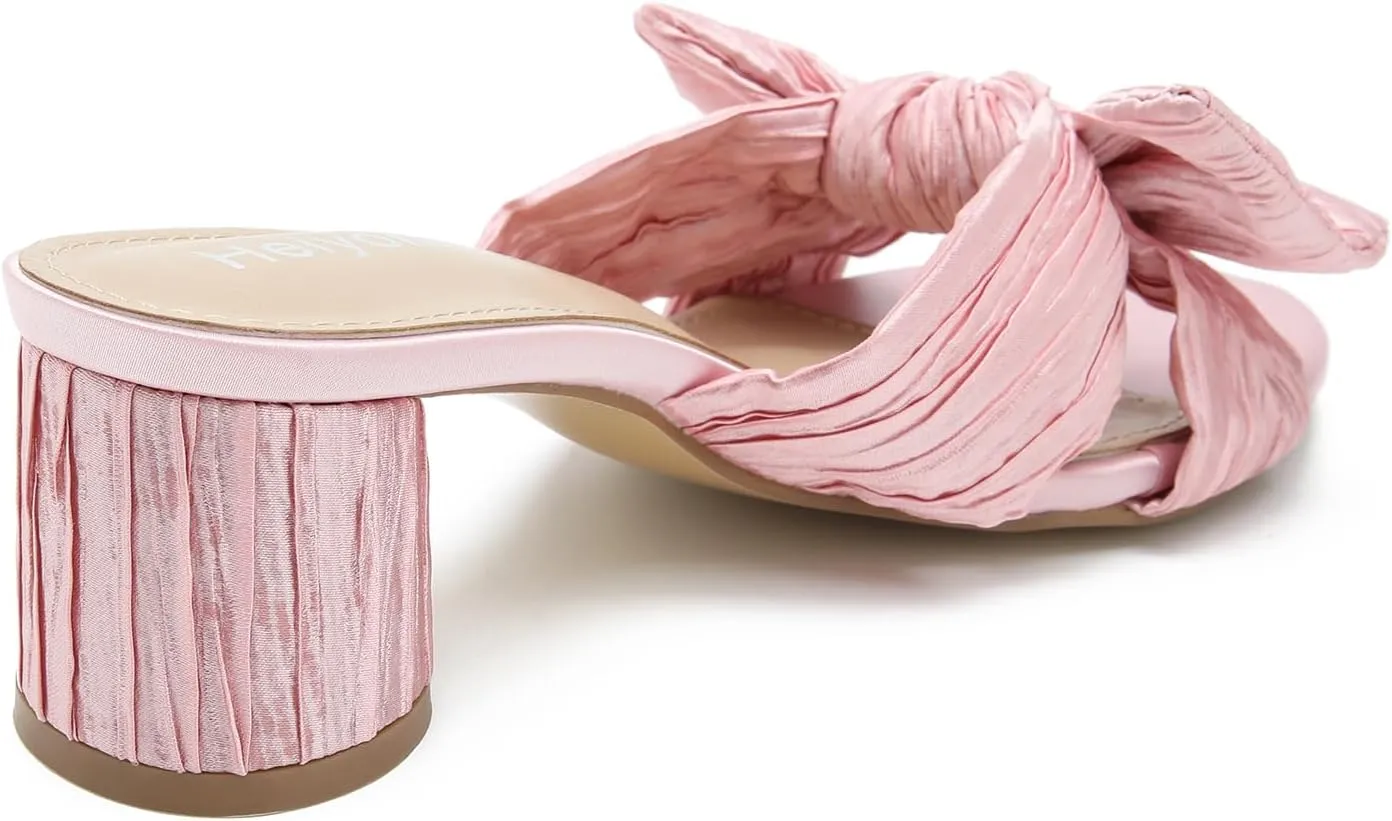 Bow Heels Wedding Bridal Party Dress Shoes Heiyom Women's Bowknot Low communication Chunky Heels Mules Sandals Slip on Pleated 