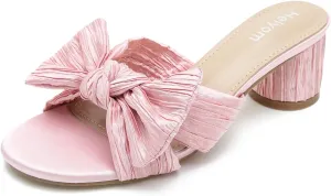 Bow Heels Wedding Bridal Party Dress Shoes Heiyom Women's Bowknot Low communication Chunky Heels Mules Sandals Slip on Pleated 