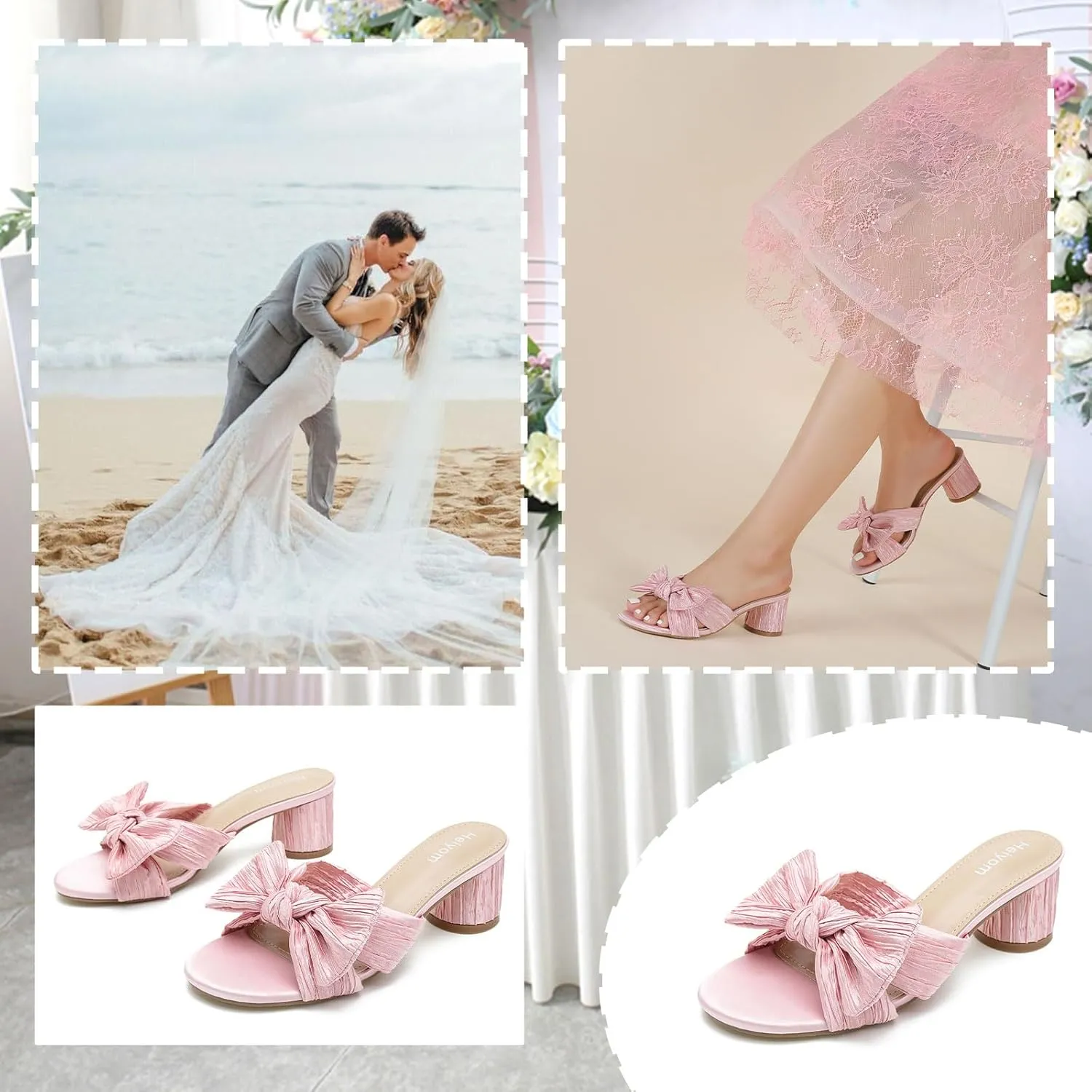 Bow Heels Wedding Bridal Party Dress Shoes Heiyom Women's Bowknot Low communication Chunky Heels Mules Sandals Slip on Pleated 