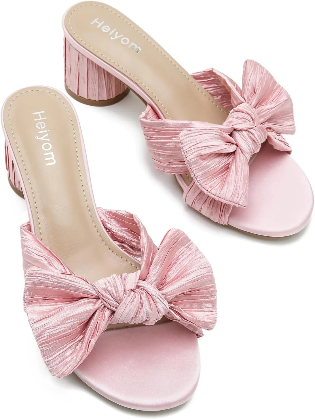 Bow Heels Wedding Bridal Party Dress Shoes Heiyom Women's Bowknot Low communication Chunky Heels Mules Sandals Slip on Pleated 