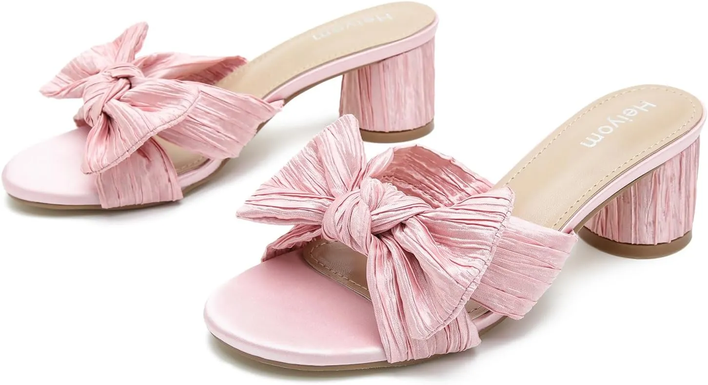 Bow Heels Wedding Bridal Party Dress Shoes Heiyom Women's Bowknot Low communication Chunky Heels Mules Sandals Slip on Pleated 