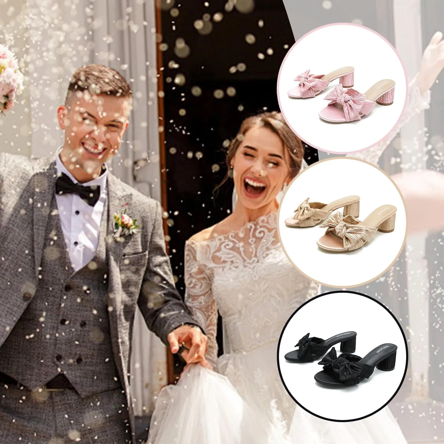 Bow Heels Wedding Bridal Party Dress Shoes Heiyom Women's Bowknot Low communication Chunky Heels Mules Sandals Slip on Pleated 