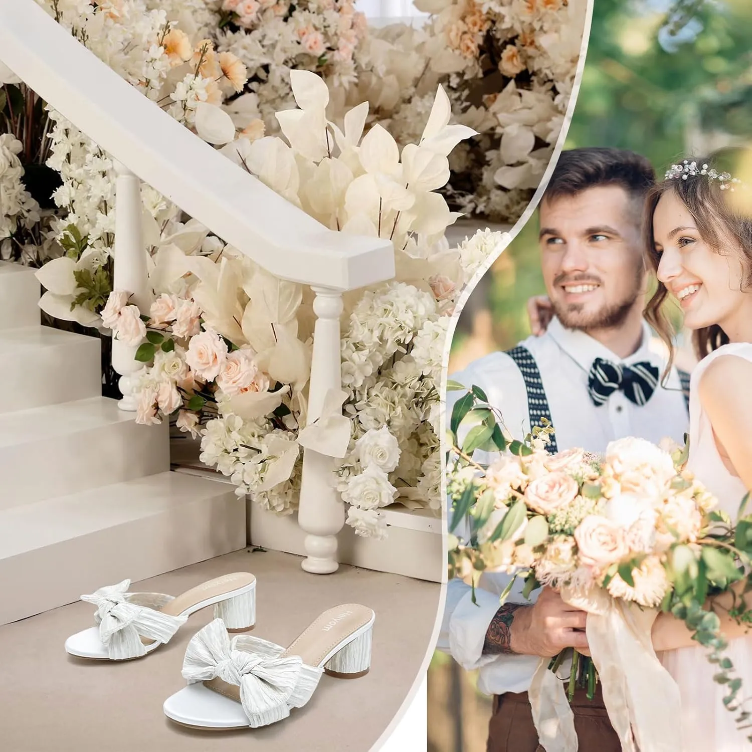 Bow Heels Wedding Bridal Party Dress Shoes Heiyom Women's Bowknot Low communication Chunky Heels Mules Sandals Slip on Pleated 