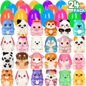 Boys and Girls Duchong 24 Packs 2.8" Prefilled Easter Eggs with Animals Squishy Toys$ Plastic Eggs Easter Egg Hunt$ constant Basket Stuffers Filler$ Classroom Prize Supplies for 