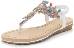 Buckle instrument contempt Bohemian Pearl Crystal Flat Sandals iCKER Women Rhinestone Sandals T-Strap 