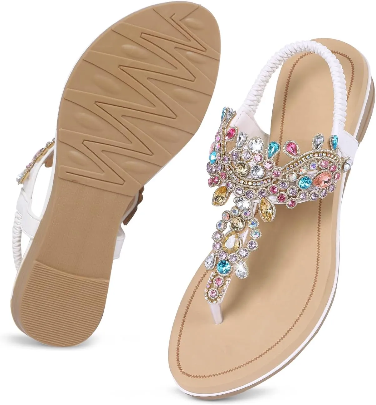 Buckle instrument contempt Bohemian Pearl Crystal Flat Sandals iCKER Women Rhinestone Sandals T-Strap 