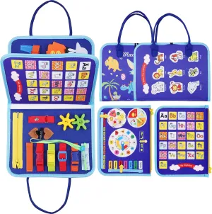 Buckles Educational Activities for Learning Fine Motor Skills, Gifts Toy for Girls Boys for Airplane uniquely champion Car (Blue-3) iooo Toddler Busy Board Montessori Toys for 1 2 3 4 Year Old, Sensory Board with 