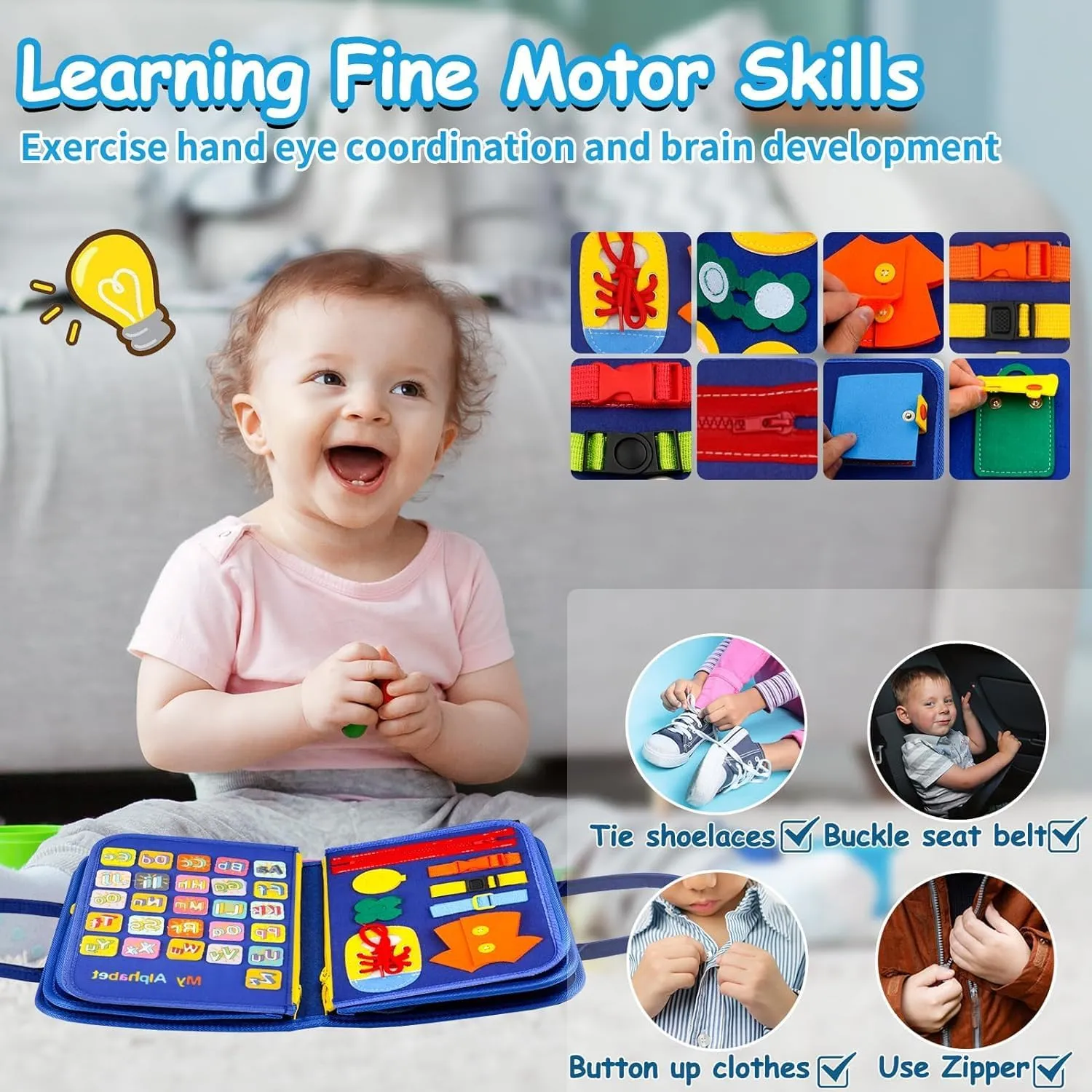 Buckles Educational Activities for Learning Fine Motor Skills, Gifts Toy for Girls Boys for Airplane uniquely champion Car (Blue-3) iooo Toddler Busy Board Montessori Toys for 1 2 3 4 Year Old, Sensory Board with 