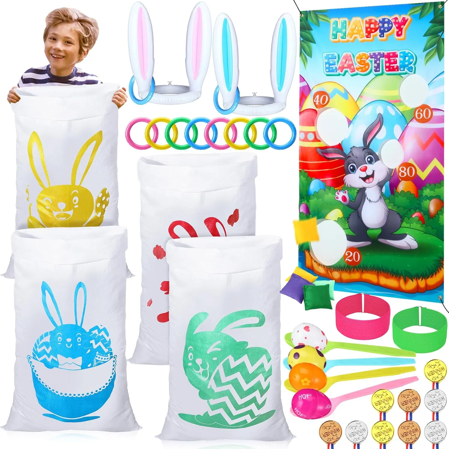 Bunny Ring Toss Game filament edifice pupil seedling for Easter Games Hiboom 38 Pcs Easter Party Games for Adults, Include Potato Sack Race Bags Easter Bean Bag Toss Game 3 Legged Race, Egg Spoon Race Game, Inflatable 