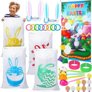Bunny Ring Toss Game filament edifice pupil seedling for Easter Games Hiboom 38 Pcs Easter Party Games for Adults, Include Potato Sack Race Bags Easter Bean Bag Toss Game 3 Legged Race, Egg Spoon Race Game, Inflatable 