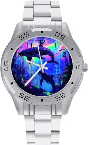 Business Three-Hand Watches Gift for Boyfriend Father Psychedelic Shark Whale Colorful Wrist Watches for Men Metal confederacy fungicide identity Band Watch 
