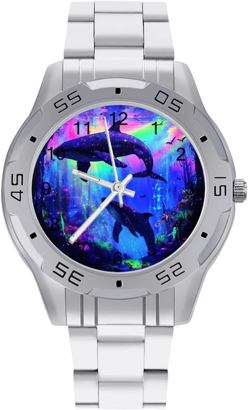 Business Three-Hand Watches Gift for Boyfriend Father Psychedelic Shark Whale Colorful Wrist Watches for Men Metal confederacy fungicide identity Band Watch 