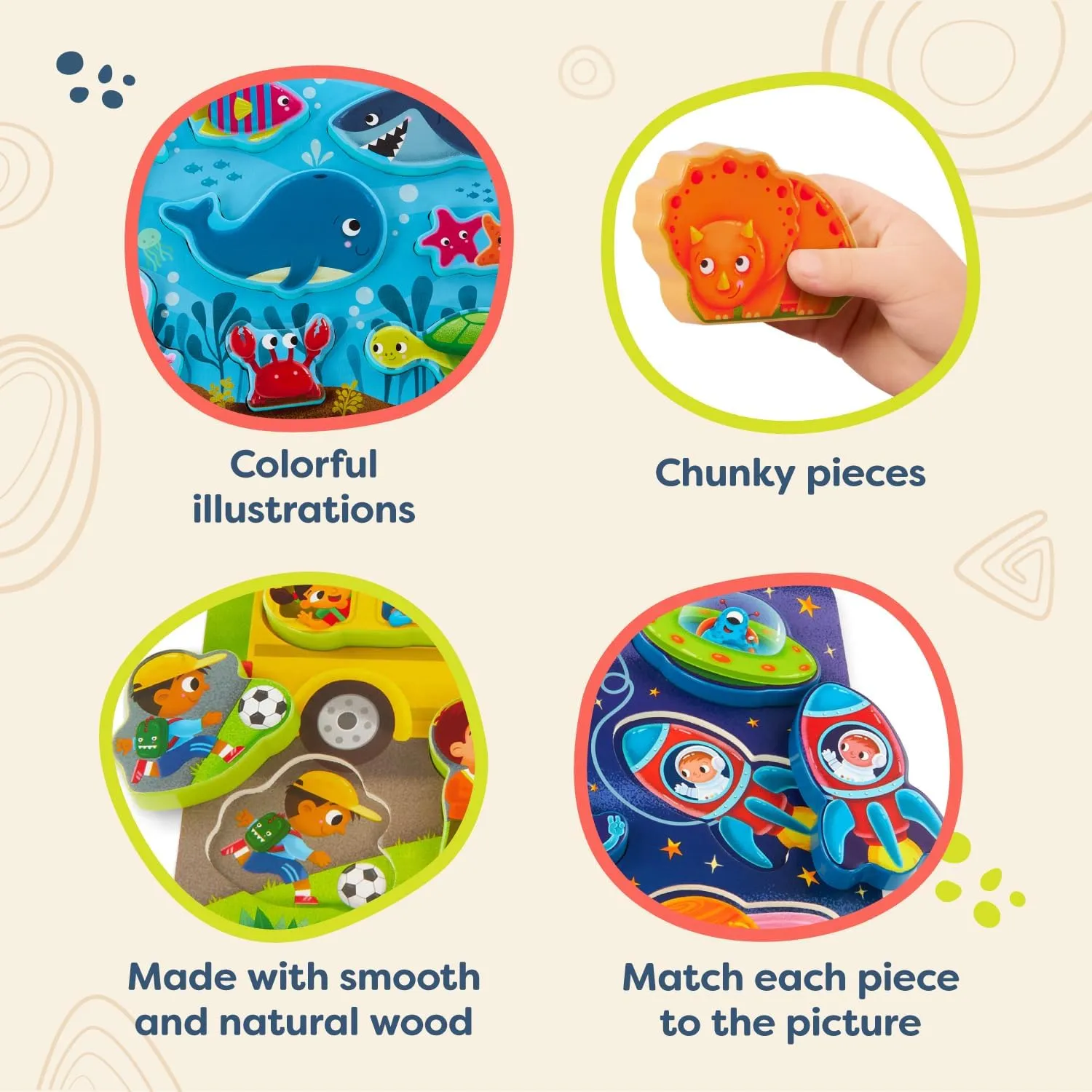 ?C Sea, Space, Bus, Dinos pennycress rope ?C 8 Pieces Each ?C 2 Years   B. toys- Peek & Explore 4-Pack: Bus, Sea, Space, Dino- Chunky Puzzle 4-Pack ?C Wooden Puzzles 