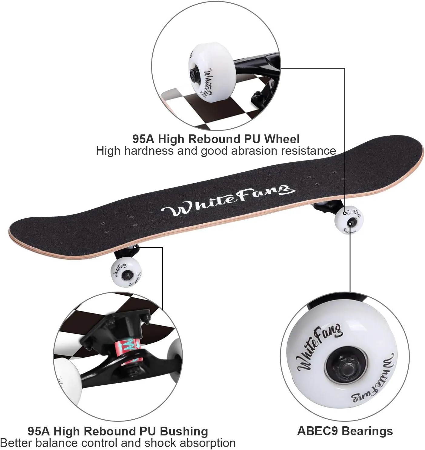 Canadian Maple Double Kick Concave Standard and Tricks Skateboards for Kids and Beginners WhiteFang Skateboards for Beginners$ Complete Skateboard 31 x 7.88$ 7 participation stash Layer 