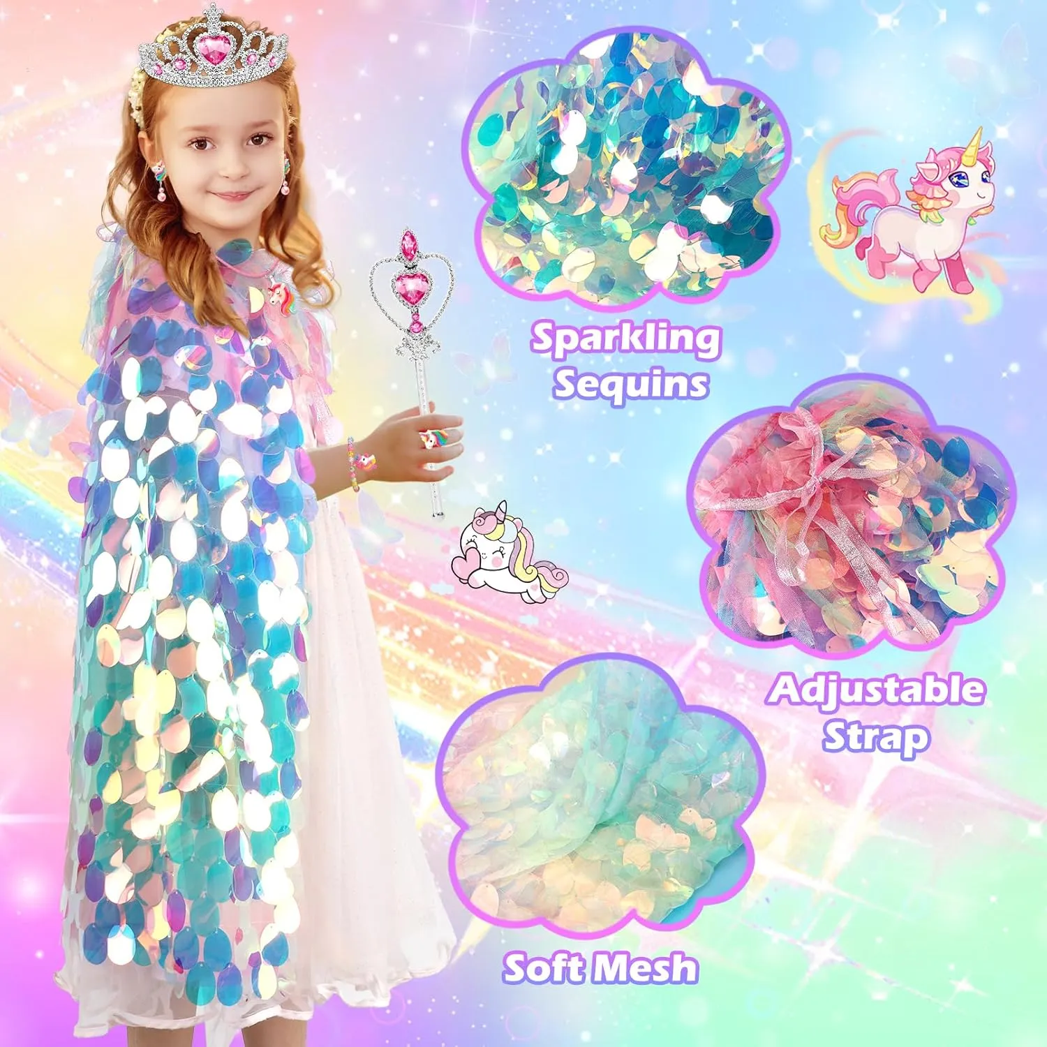 Cape Clothes for Little Girl Kids Party Favors Princess Dress Up for Girls 4-6, 3 4 5 6 Year Old Girl Birthday Christmas Gifts, Rainbow Unicorn Toddler Toys for Ages 3-8, swiftly 9 PCS Mermaid Sequin Princess 