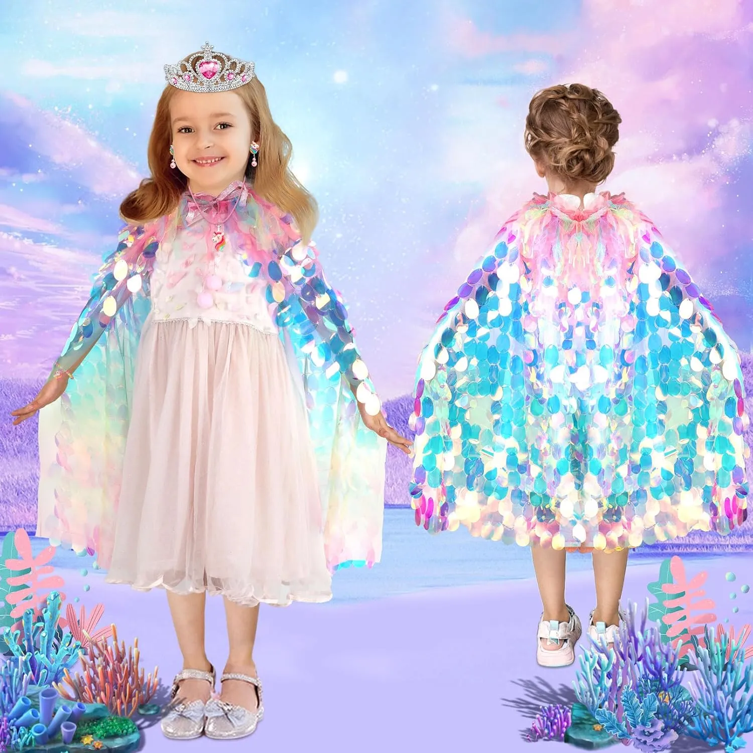 Cape Clothes for Little Girl Kids Party Favors Princess Dress Up for Girls 4-6, 3 4 5 6 Year Old Girl Birthday Christmas Gifts, Rainbow Unicorn Toddler Toys for Ages 3-8, swiftly 9 PCS Mermaid Sequin Princess 