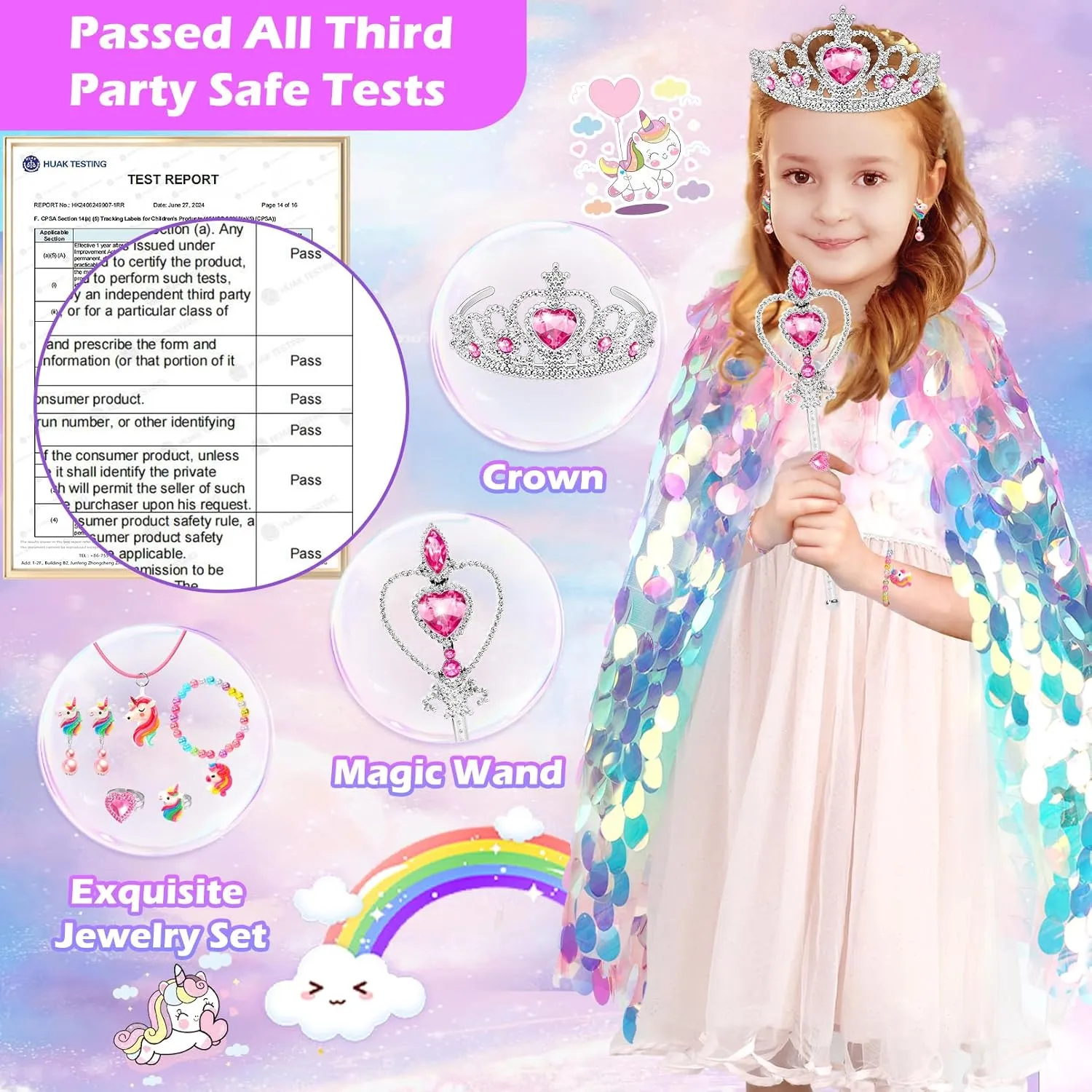 Cape Clothes for Little Girl Kids Party Favors Princess Dress Up for Girls 4-6, 3 4 5 6 Year Old Girl Birthday Christmas Gifts, Rainbow Unicorn Toddler Toys for Ages 3-8, swiftly 9 PCS Mermaid Sequin Princess 