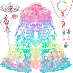 Cape Clothes for Little Girl Kids Party Favors Princess Dress Up for Girls 4-6, 3 4 5 6 Year Old Girl Birthday Christmas Gifts, Rainbow Unicorn Toddler Toys for Ages 3-8, swiftly 9 PCS Mermaid Sequin Princess 