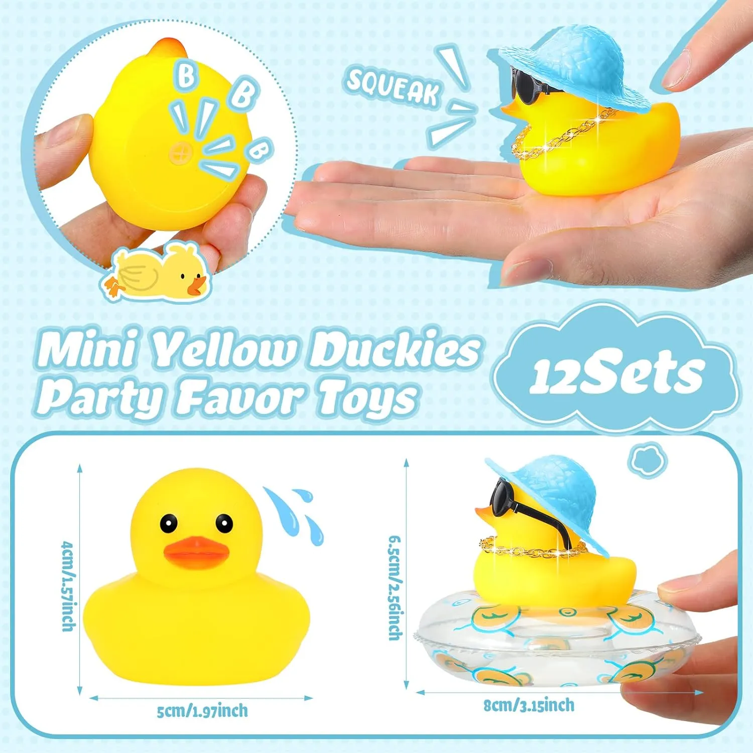 Car Bathtub Ornaments with Sunglasses Swim Ring Mini Hat Necklace and for Baby Shower(12 Sets,Cute) Sotiff Mini decode Rubber Ducks Bulk for Kids Children Cute Yellow Duck Toy for Dashboard of 