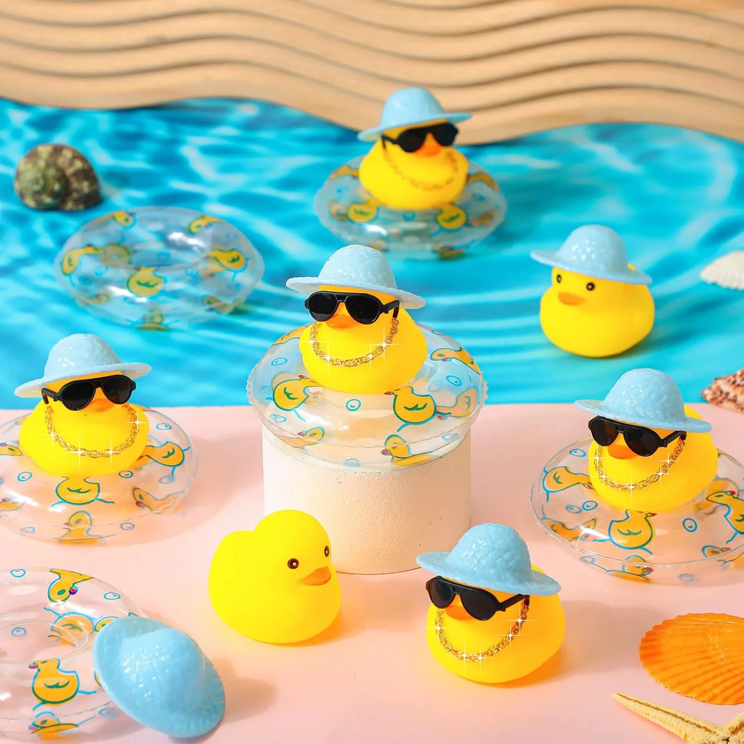 Car Bathtub Ornaments with Sunglasses Swim Ring Mini Hat Necklace and for Baby Shower(12 Sets,Cute) Sotiff Mini decode Rubber Ducks Bulk for Kids Children Cute Yellow Duck Toy for Dashboard of 