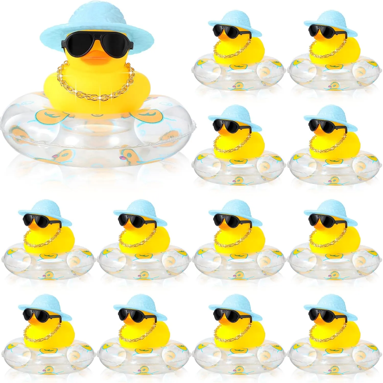 Car Bathtub Ornaments with Sunglasses Swim Ring Mini Hat Necklace and for Baby Shower(12 Sets,Cute) Sotiff Mini decode Rubber Ducks Bulk for Kids Children Cute Yellow Duck Toy for Dashboard of 