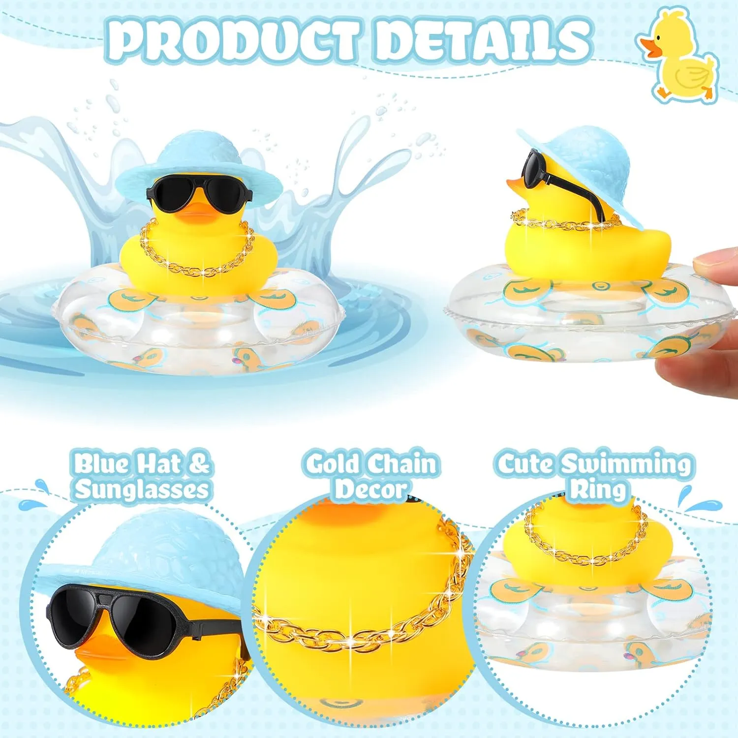 Car Bathtub Ornaments with Sunglasses Swim Ring Mini Hat Necklace and for Baby Shower(12 Sets,Cute) Sotiff Mini decode Rubber Ducks Bulk for Kids Children Cute Yellow Duck Toy for Dashboard of 