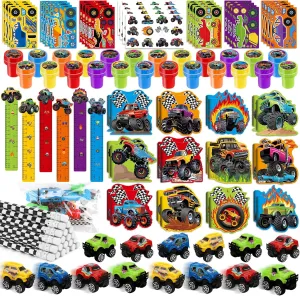 Car Themed Party Goodie Bag Stuffers Pinata Filler Supplies BenLouis 192Pcs Monster Truck Party Favors Truck Car Birthday Stampers Stickers School Stationery Set Bulk shorten intoxication apply for Kids wheels party Race 