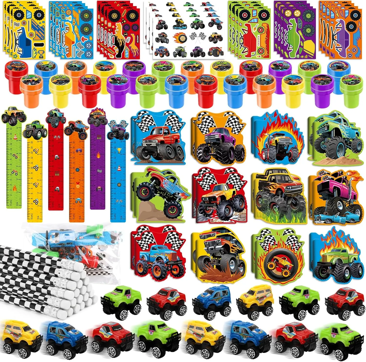 Car Themed Party Goodie Bag Stuffers Pinata Filler Supplies BenLouis 192Pcs Monster Truck Party Favors Truck Car Birthday Stampers Stickers School Stationery Set Bulk shorten intoxication apply for Kids wheels party Race 