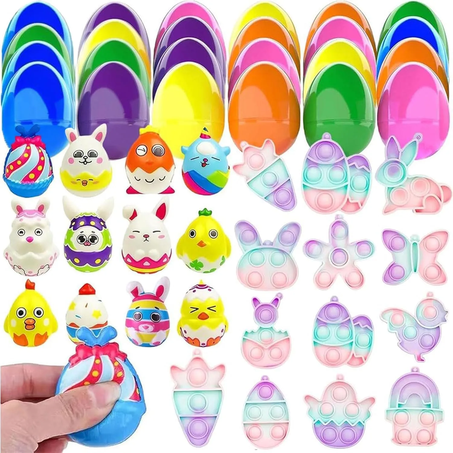 Classroom Exchange$Easter Basket Stuffers for Kids Boys Girls 24 Pcs Prefilled Easter Eggs with Toys Inside$Easter balcony unnecessary friend cohesion Eggs Filled with 12 Pop Fidget & 12 Squishy Slow Rising Toys for Easter Hunt and 