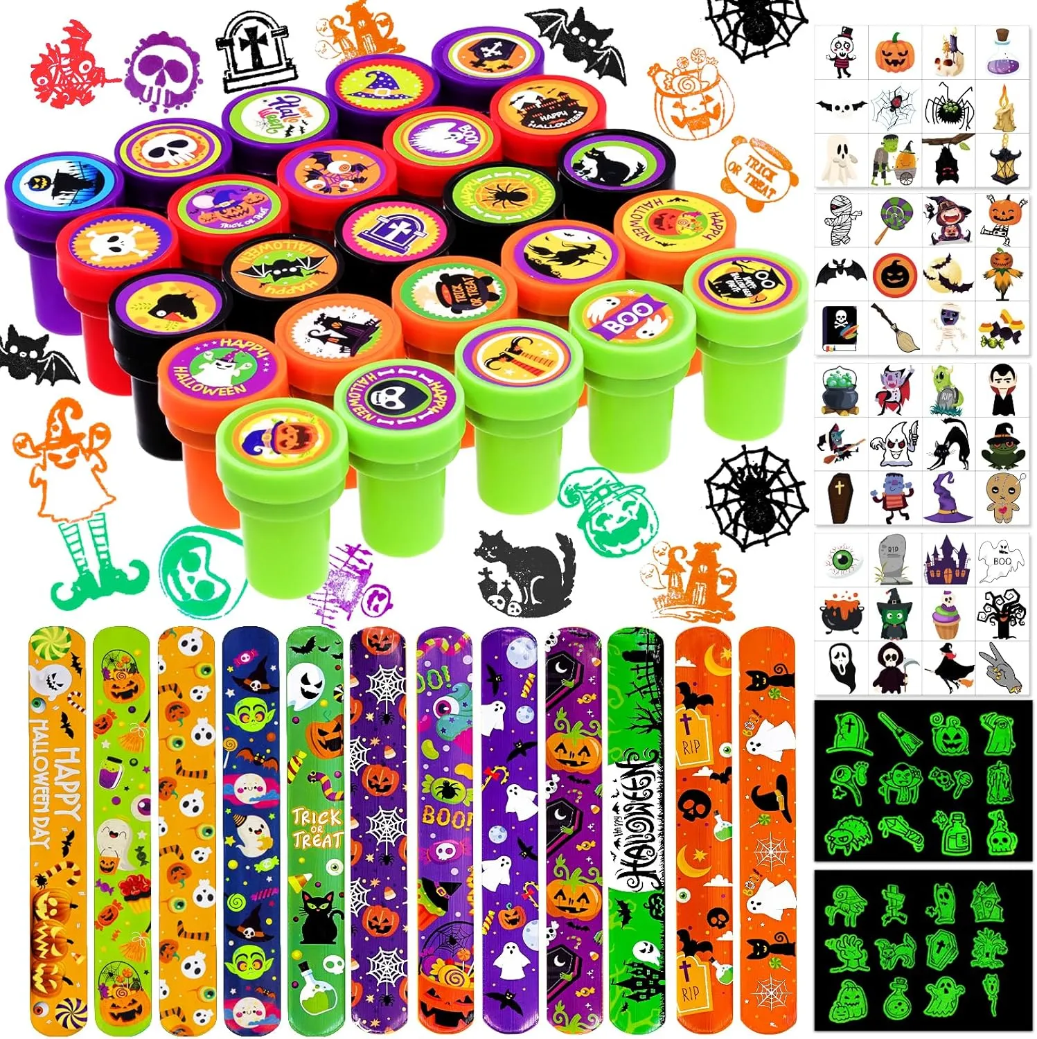 Classroom Reward Prize Non Candy Party Supplies Garma Halloween Party Favors Toys hybrid rhythm library blip stretch for Kids$ 25 Pcs Halloween Assorted Stamps with 12 Pcs Slap Bracelets and 288 Tattoos Halloween Goody Bag Fillers for 