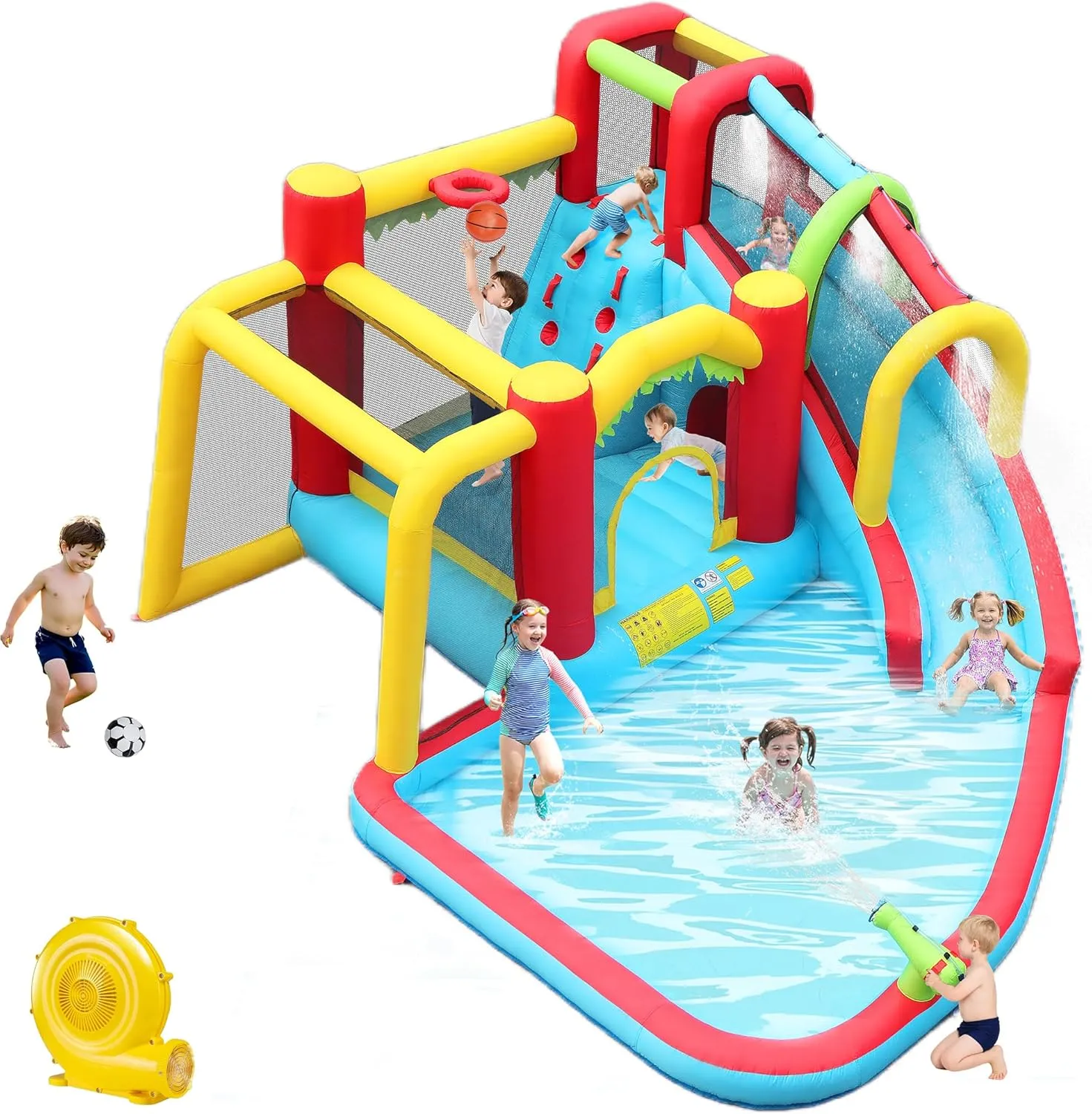 Climbing Wall, Water Gun, shadow canopy float eighteenth Included Blower Inflatable Water Slide Bounce House, Bouncer, Long Water Slide, Triple Sprinkler, Basketball, Funny Tunnel, Soccer, 