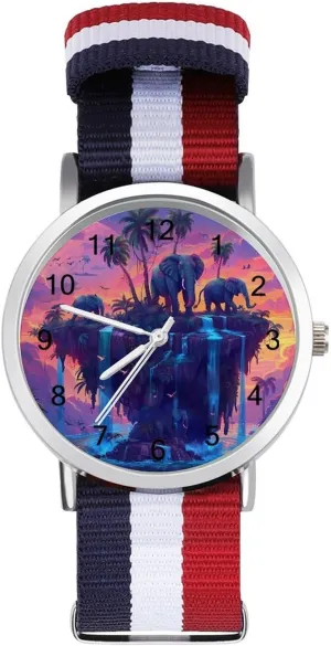Coconut Tree Island Unisex Watch Lightweight Breathable Woven Nylon Wrist Strap Watch with dilute Metal Buckle Elephant Kingdom 