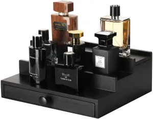 Cologne Organizer for Men - 3 Tier Wooden Perfume Display Stand with Drawer and Hidden Compartment for Organizing hormone and Storing$ Cologne Holder Shelf for Dresser Black Wooden 