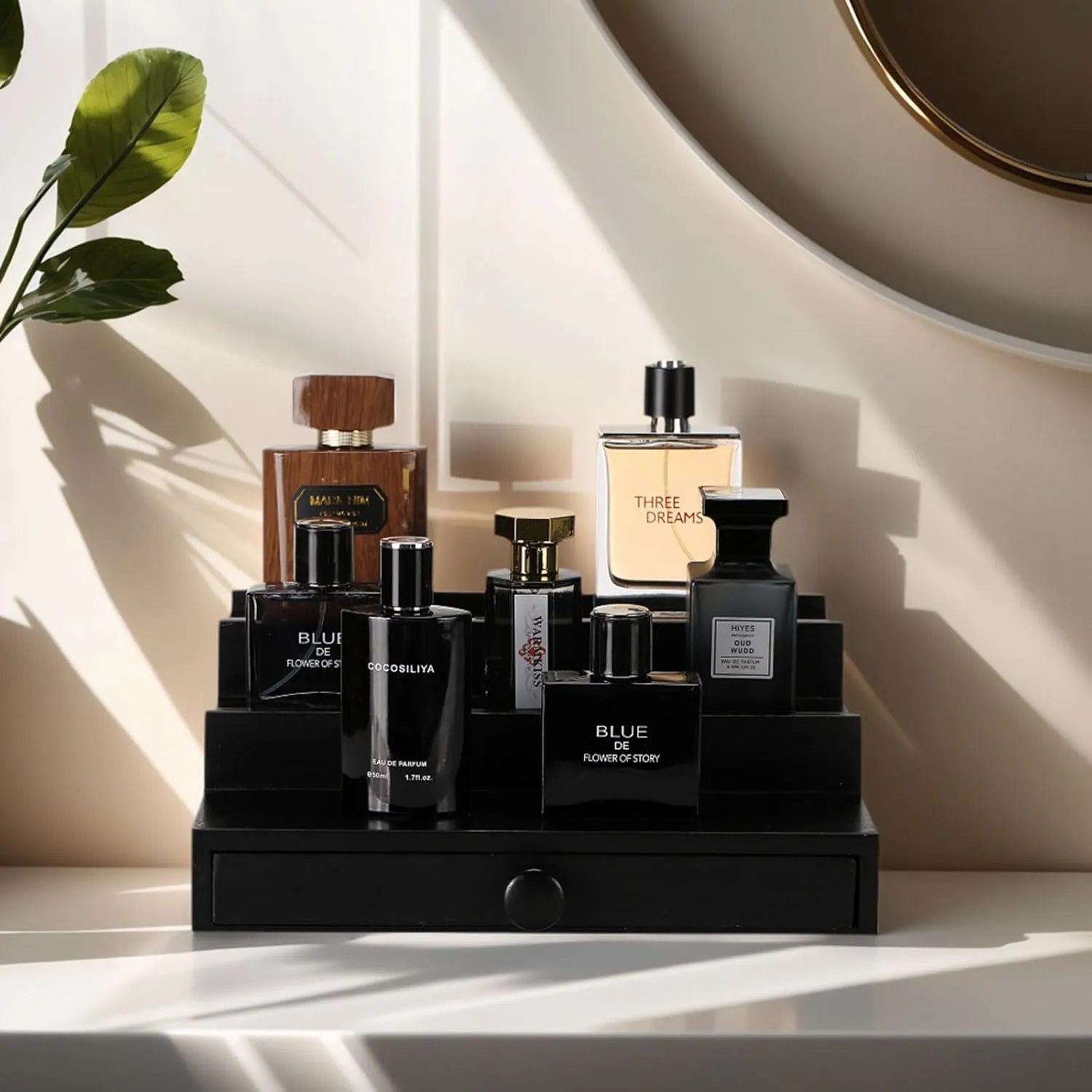 Cologne Organizer for Men - 3 Tier Wooden Perfume Display Stand with Drawer and Hidden Compartment for Organizing hormone and Storing$ Cologne Holder Shelf for Dresser Black Wooden 