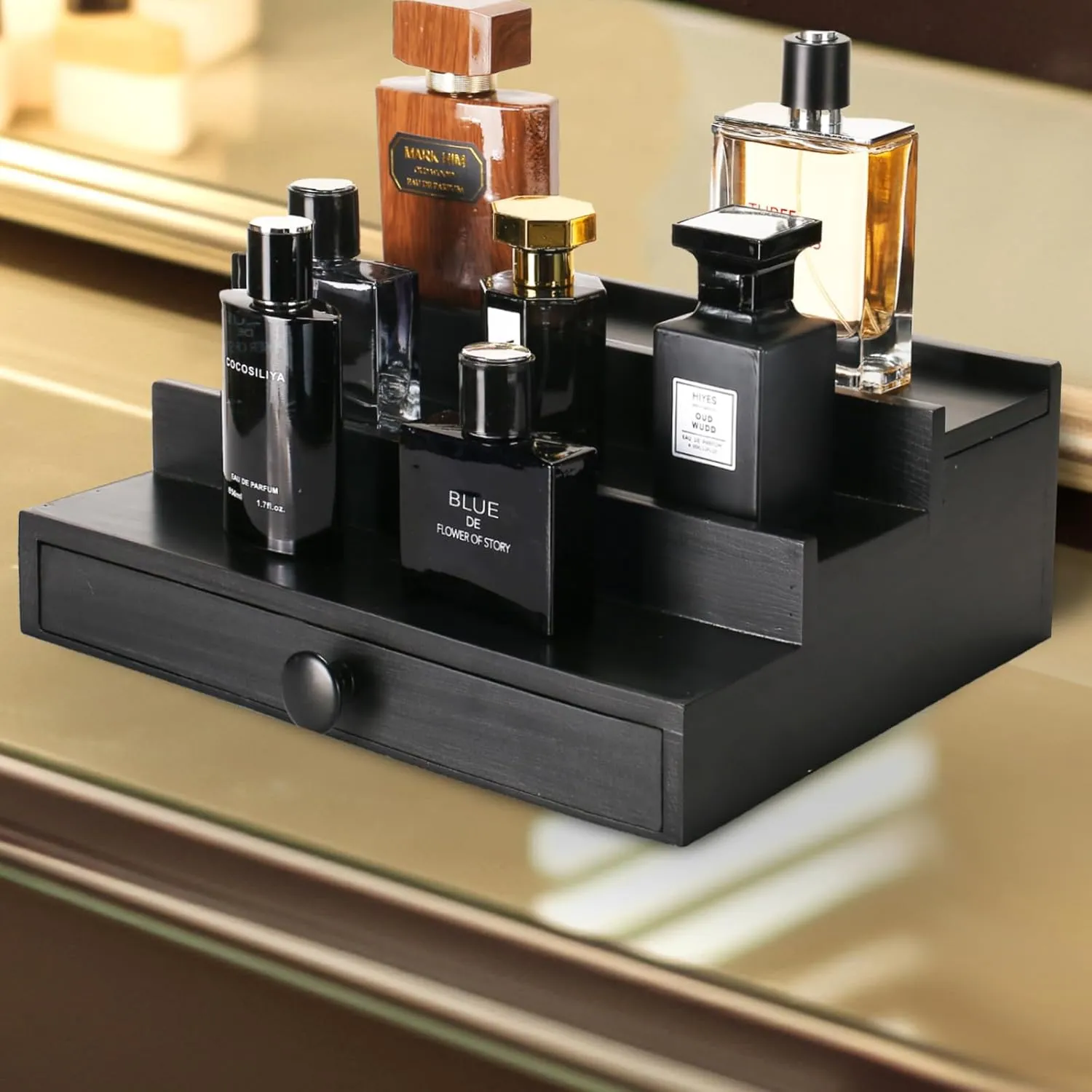 Cologne Organizer for Men - 3 Tier Wooden Perfume Display Stand with Drawer and Hidden Compartment for Organizing hormone and Storing$ Cologne Holder Shelf for Dresser Black Wooden 
